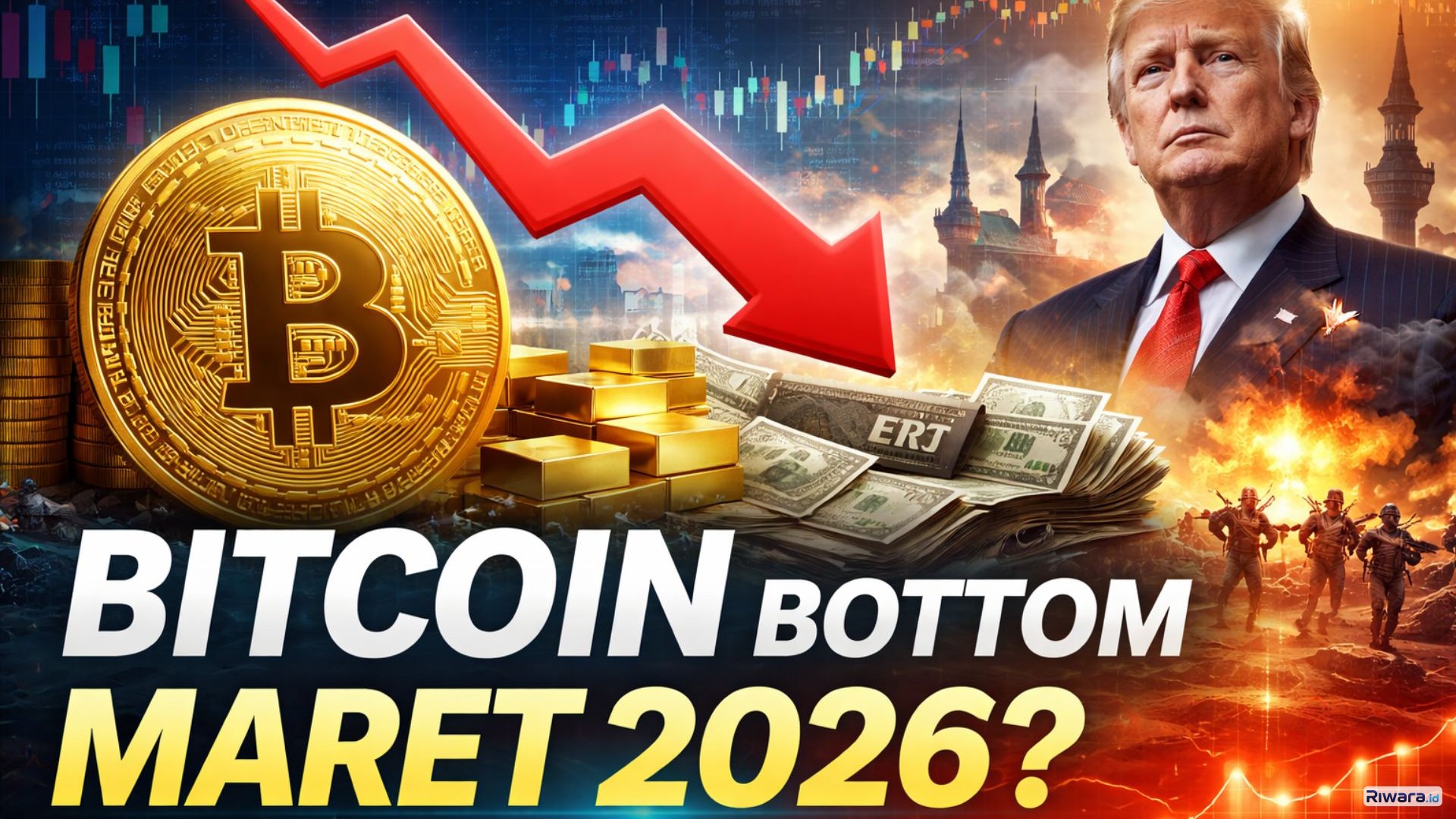 Ilustrasi pergerakan harga Bitcoin dengan panah penurunan tajam, emas, dan dolar AS di tengah ketidakpastian geopolitik global yang memicu spekulasi titik terendah pasar pada 2026.